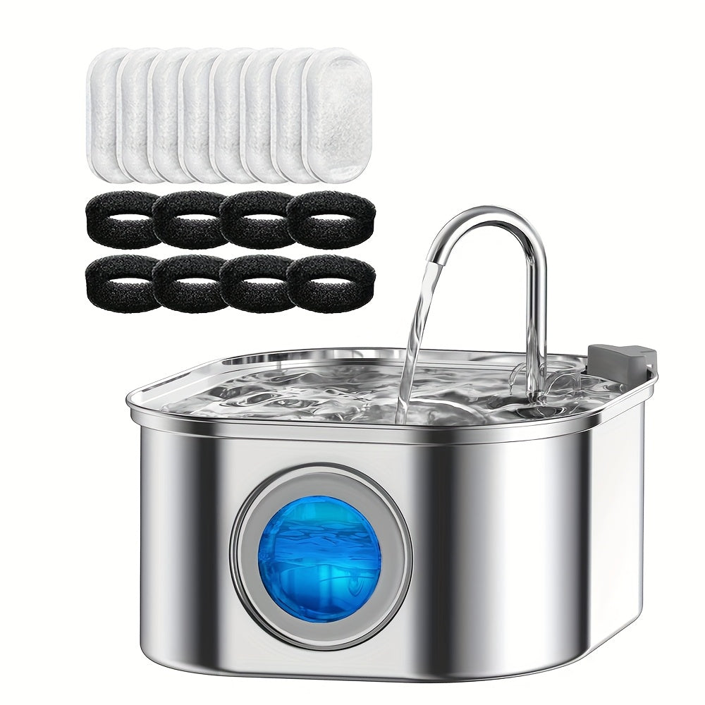 Cat Water Fountain 3.2L Stainless Steel Cat Water Fountain Ultra-Quiet Transparent Window Pet Automatic Filtration Water Fountain Dog Fountain Suitable for  and Medium-sized Dogs and Cats Automatic Water Fountain Adapter Not