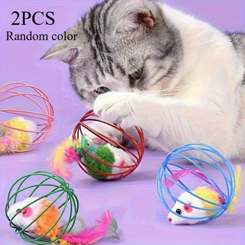 1/2pcs Random Color Artificial Feather Fluffy Cat Toy Metal Cage Mouse, Best Toys for Indoor Cats, Increase Your Interaction with Your Cat, Bring a Healthy Life to Your Cat, Without Battery