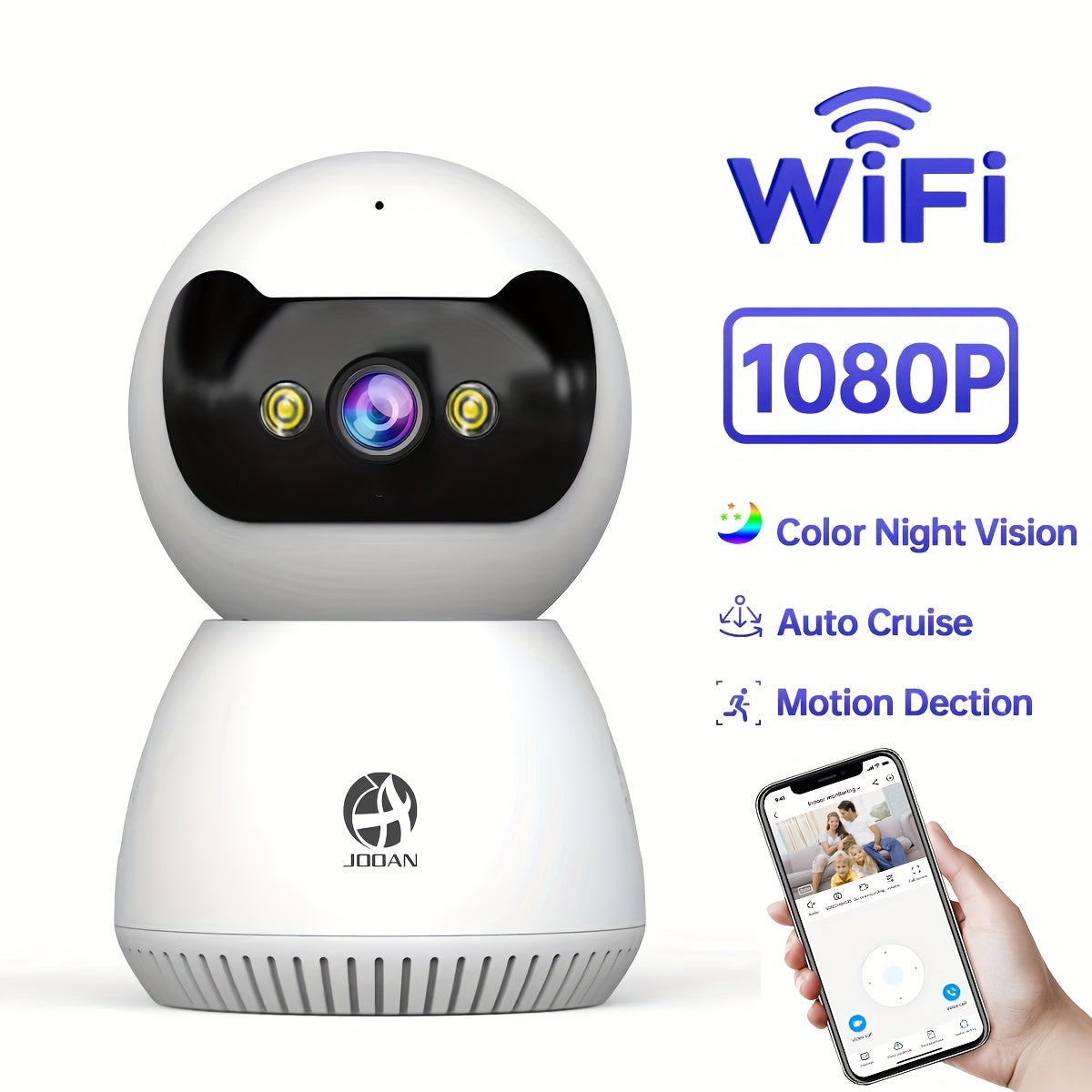 1080p security camera features a 355° rotating PTZ indoor camera, supports dual-band 2.4G and 5G WiFi, can be remotely accessed via an app, has two-way audio, color night vision, motion detection, USB power supply, and is us