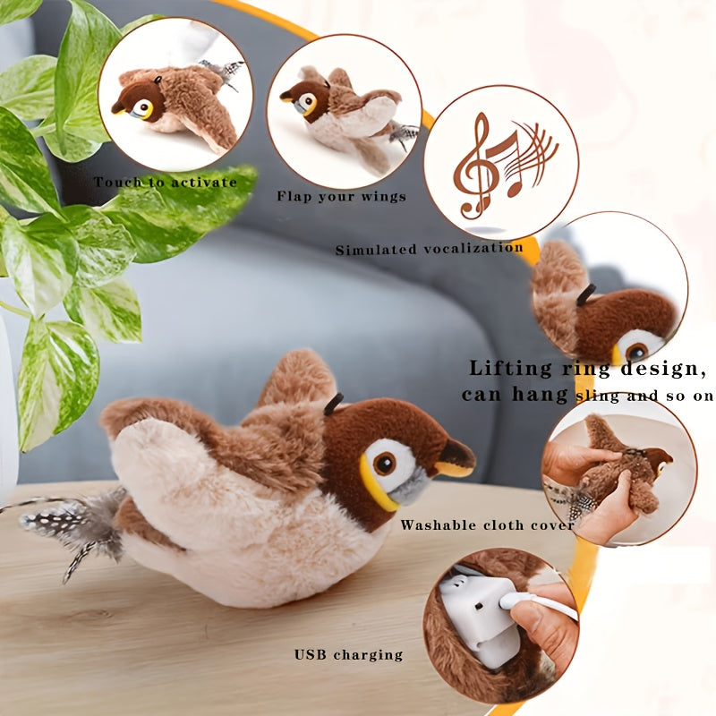 Chew-Resistant Rechargeable Squeaky Bird Toy for Cats and Dogs - Durable, Artificial Feather Design with Realistic Sound Effect