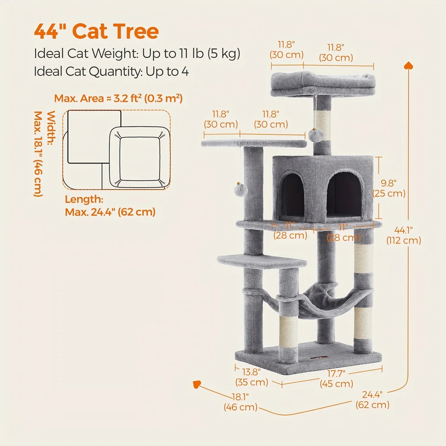 66.1/44.1in Cat Tree, Large Cat Tower with 13 Scratching Posts, 2 Perches, 2 Caves, Hanging Basket & Hammock, Pompoms, Stable Kitty Play House, Multi-Level Plush Cat Condo for Indoor Cat, Easy to Assemble, Perfect Children's
