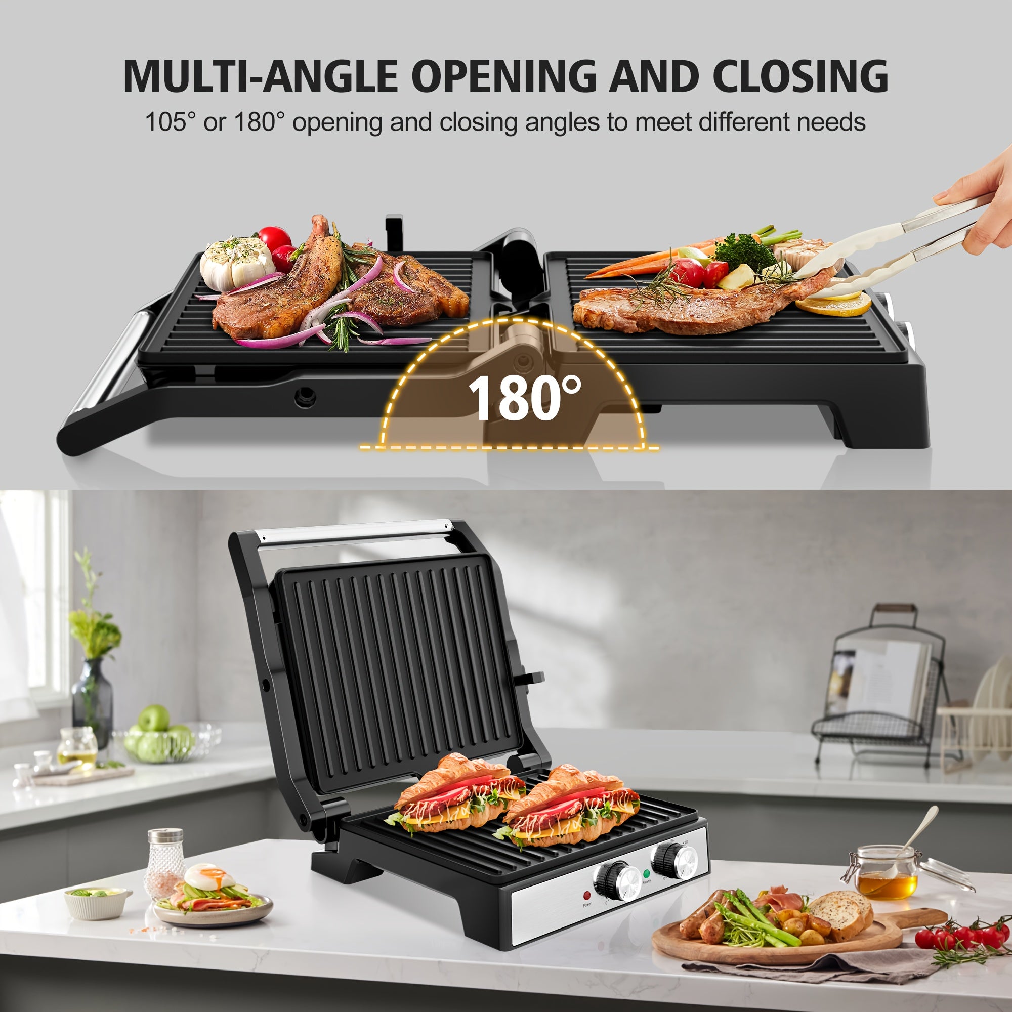 4-Slice Panini Press, 1200W Stainless Steel Sandwich Maker with 180° Opening & Adjustable Temp Control, Nonstick Plates - Perfect for Grilled Cheese & Panini