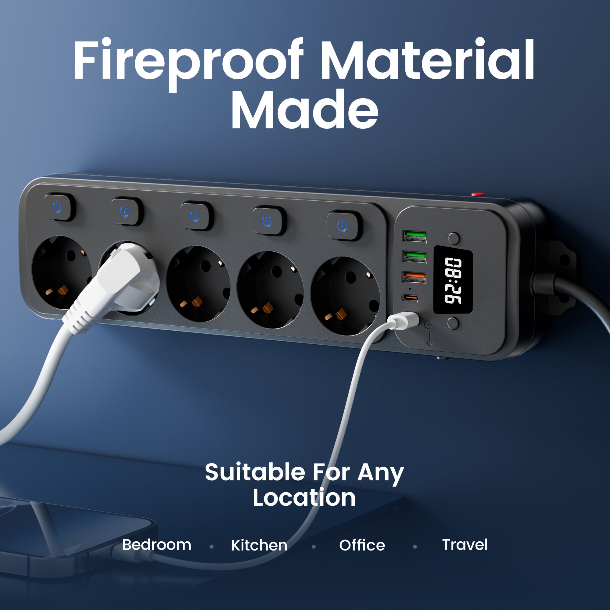 11-in-1 European Power Strip with Switch & Indicator Light, 5 AC Outlets, 3 USB Ports, 2 Type-C Ports, Clock Display, 152.4cm/3.05meter Cable Options, Overload Protection, Compact Design for Home Office, Travel, and Workspace