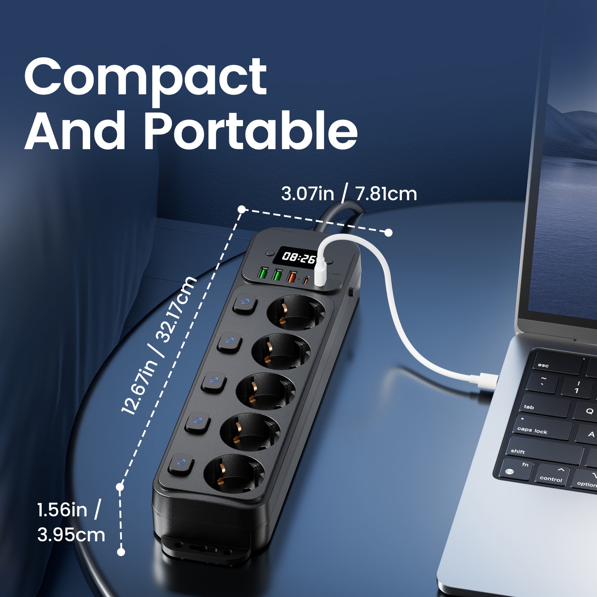 11-in-1 European Power Strip with Switch & Indicator Light, 5 AC Outlets, 3 USB Ports, 2 Type-C Ports, Clock Display, 152.4cm/3.05meter Cable Options, Overload Protection, Compact Design for Home Office, Travel, and Workspace