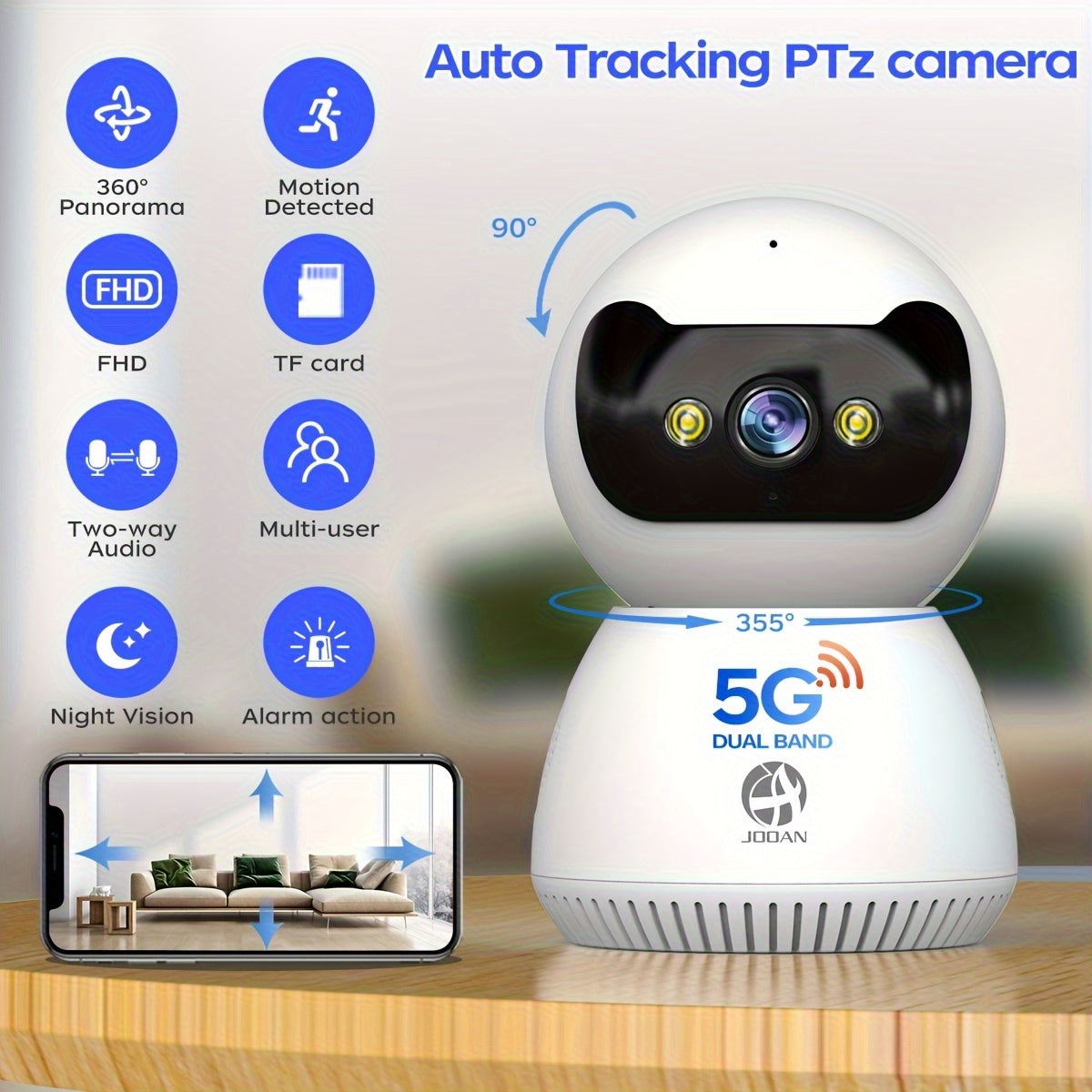 1080p security camera features a 355° rotating PTZ indoor camera, supports dual-band 2.4G and 5G WiFi, can be remotely accessed via an app, has two-way audio, color night vision, motion detection, USB power supply, and is us
