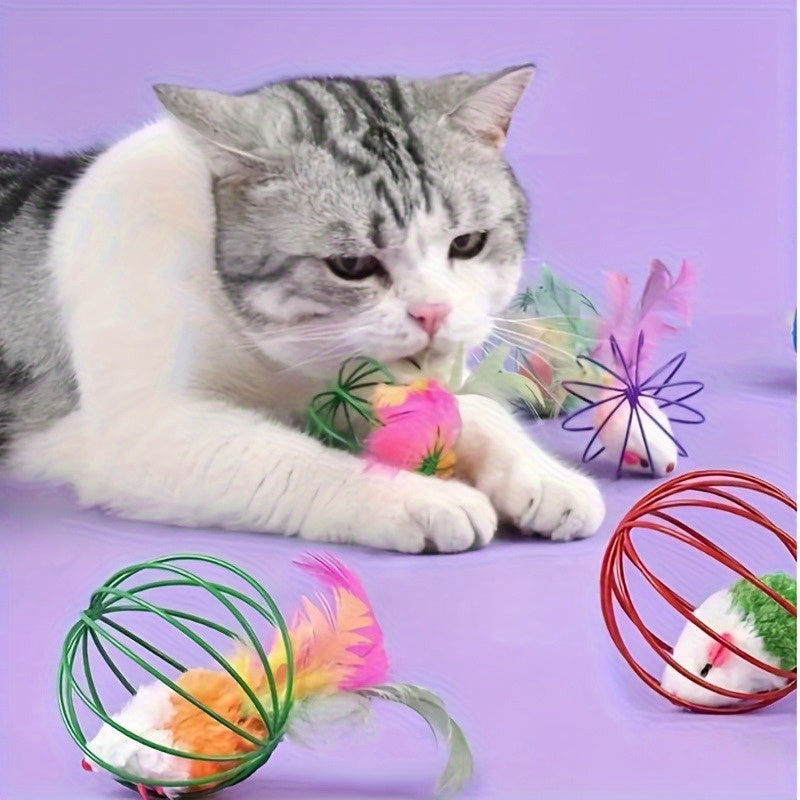 1/2pcs Random Color Artificial Feather Fluffy Cat Toy Metal Cage Mouse, Best Toys for Indoor Cats, Increase Your Interaction with Your Cat, Bring a Healthy Life to Your Cat, Without Battery