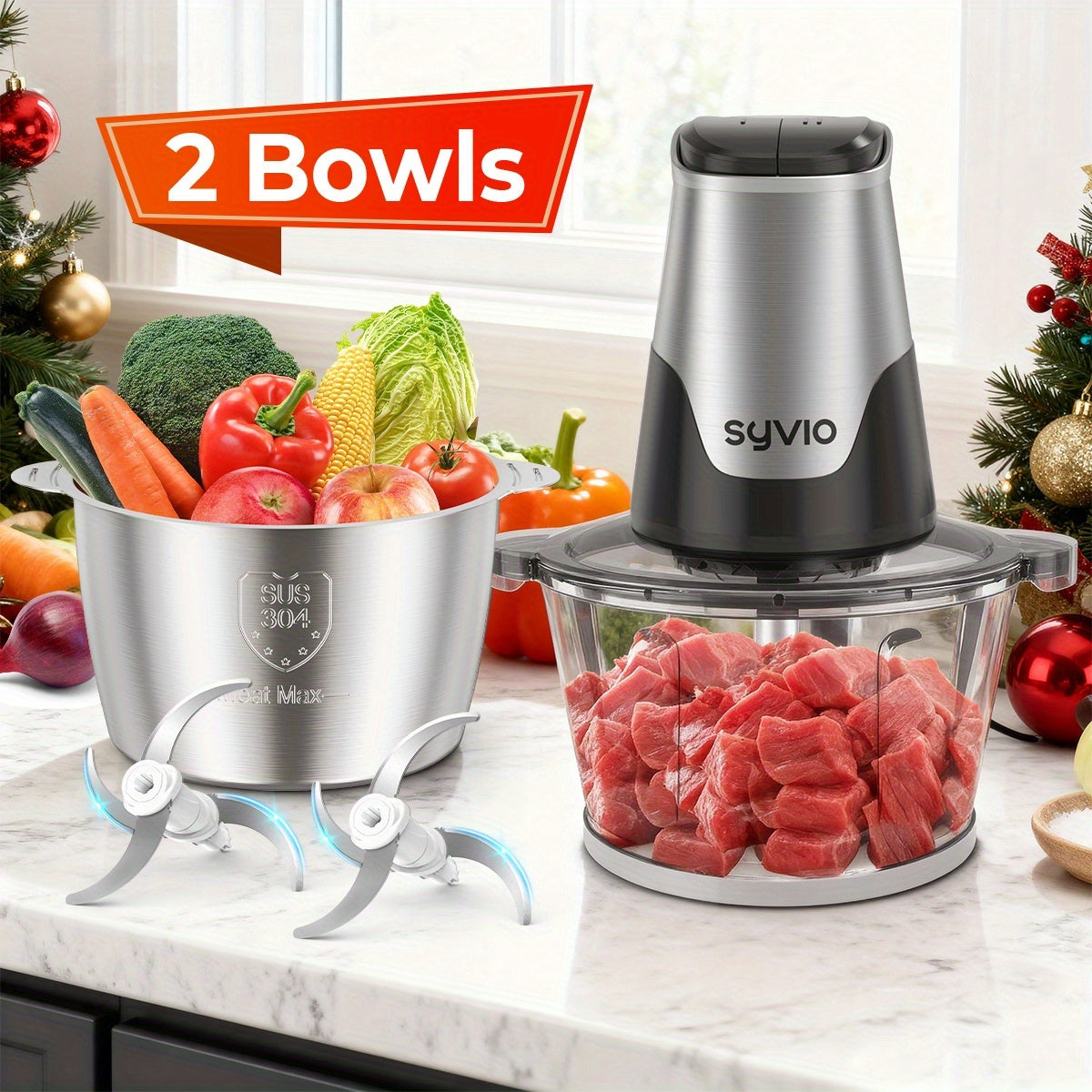 450W Food Processors with 2 Bowls, Meat Grinder 4 Bi-Level Blades, Mini Electric Food Chopper, for Baby Food, Meat, Onion, Vegetables Chopper, 2 Speed, Christmas Gifts