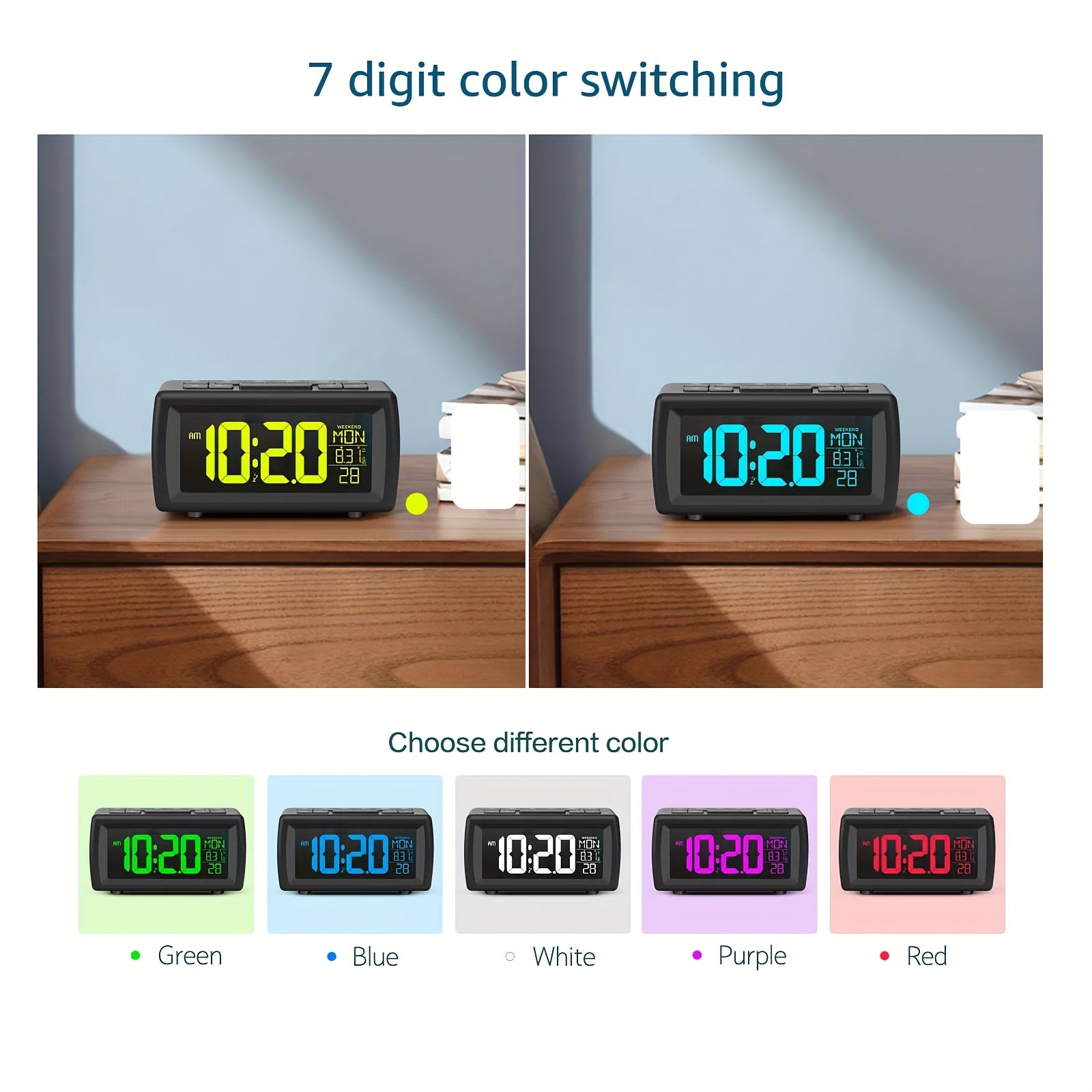 1pc SMOUPING Large Digital Alarm Clock Radio/VA Display, 7-Color Changing Backlight/USB (Battery Backup)/FM Radio/Sleep Timer/Snooze/Dimmer & Loud Alarm/Bedside Clock for s, Seniors