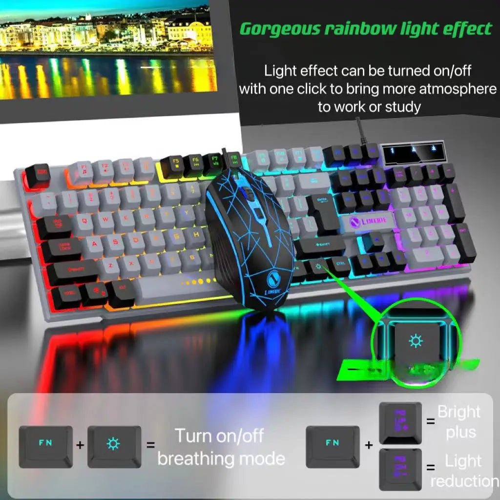 Gaming Tri-Color Combo: Silent Mech-Feel Membrane Keyboard & Tactile Mouse, Wired RGB for PC/Laptop