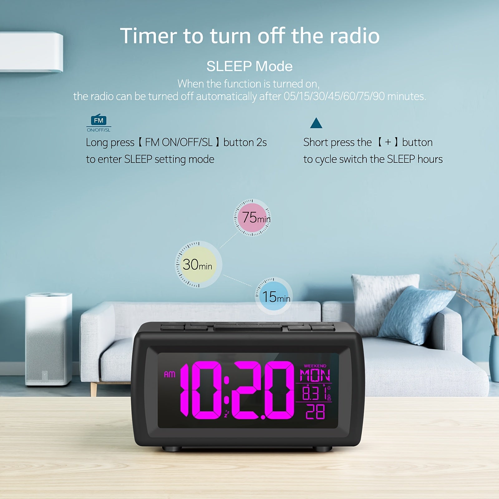 1pc SMOUPING Large Digital Alarm Clock Radio/VA Display, 7-Color Changing Backlight/USB (Battery Backup)/FM Radio/Sleep Timer/Snooze/Dimmer & Loud Alarm/Bedside Clock for s, Seniors