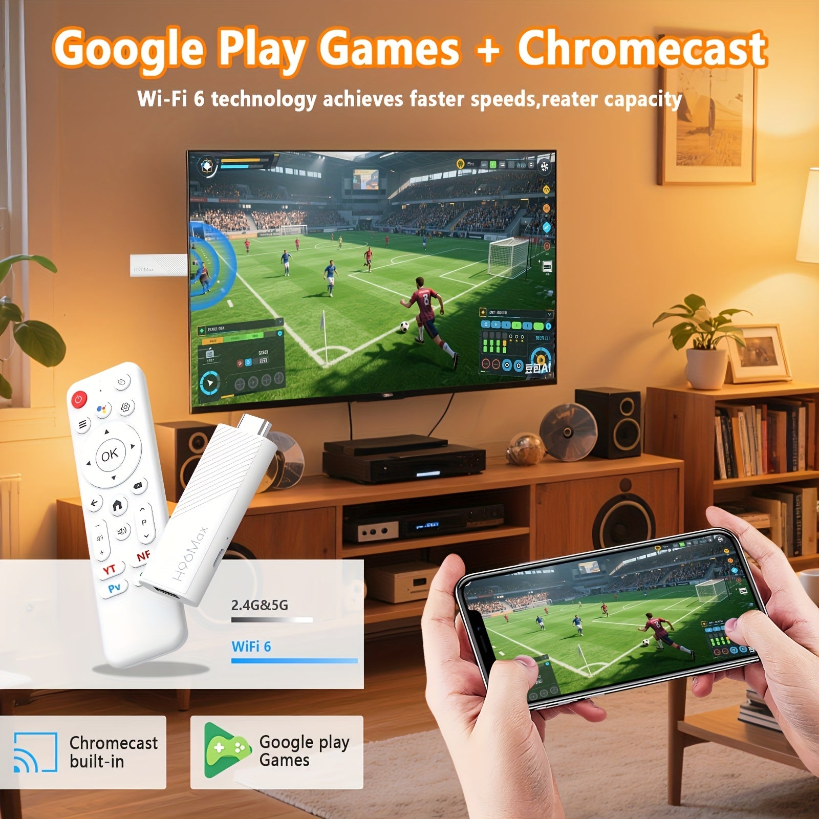 H96 Max H313 Android 14.0 TV Stick with Remote & Voice Control, 4K@60fps Streaming Media Player, Chromecast/Browser, 6 & Wireless 5.0, USB-Powered Mini TV Dongle for Smart TV, Plug & Play, Compatible with Netflix, YouTube