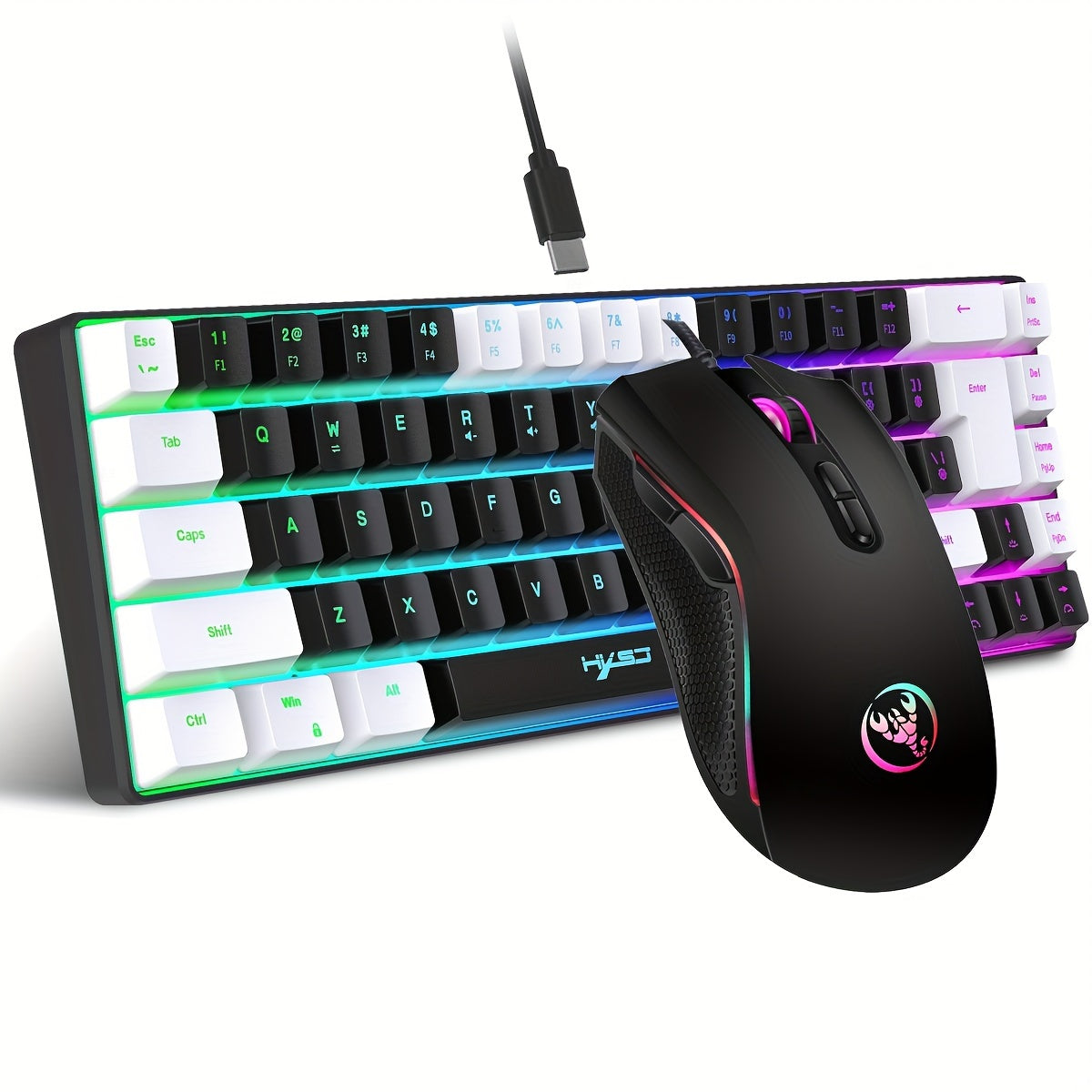 HXSJ Wired Gaming Keyboard and Mouse Set, 68 Keys with RGB Backlight, Optical Mouse, USB Plug and Play, Compatible with PC, No Battery Required