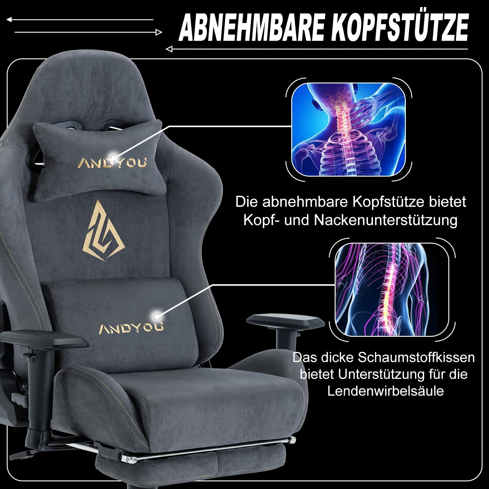 ANDYOU Gaming Chair, Breathable Office Chair, High Quality Fabric Soft Like Faux Fur. Ergonomic PC Chair, Adjustable Swivel Work Chairs With Footrest