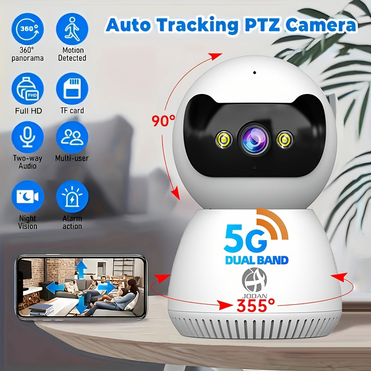1080p security camera features a 355° rotating PTZ indoor camera, supports dual-band 2.4G and 5G WiFi, can be remotely accessed via an app, has two-way audio, color night vision, motion detection, USB power supply, and is us