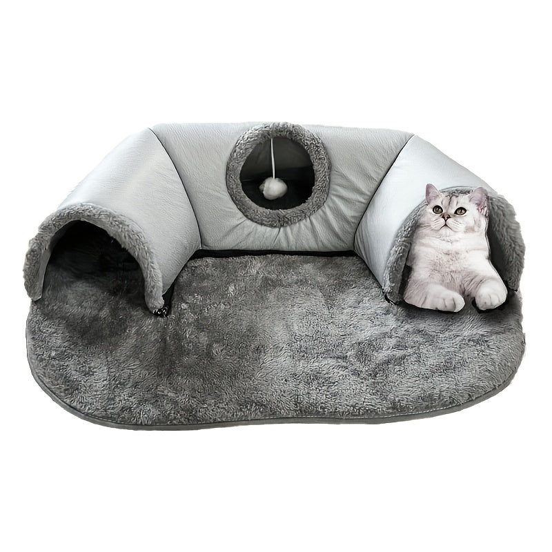 3-in-1 Cozy Cat Tunnel Bed - Play Mat & Warm Nest with Non-Slip Base for Small to Medium Cats, Rabbits & Hamsters