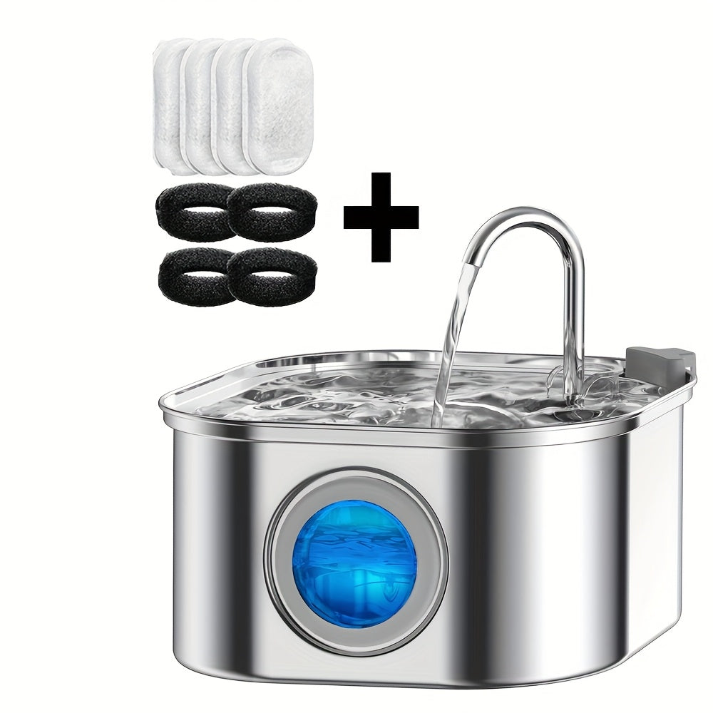 Cat Water Fountain 3.2L Stainless Steel Cat Water Fountain Ultra-Quiet Transparent Window Pet Automatic Filtration Water Fountain Dog Fountain Suitable for  and Medium-sized Dogs and Cats Automatic Water Fountain Adapter Not