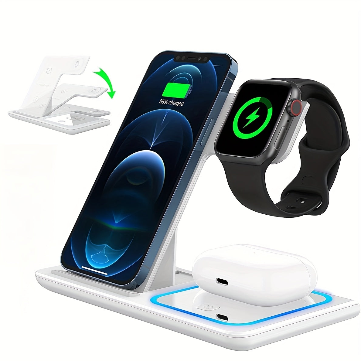 15W 3in 1 Wireless Charging Station w/Night Light for iPhone 16/15/14/13/12, Pro, Apple Watch 10/9/8/SE