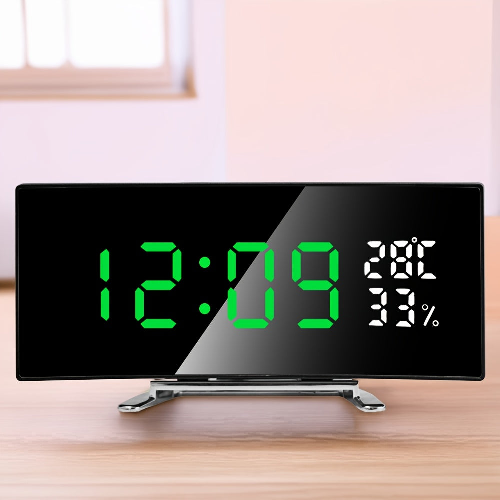 1pc innovative LED alarm clock with curved display screen, multifunctional LED alarm clock with curved large screen display, electronic desk clock display time, temperature, humidity, USB power supply (Use USB to plug in and