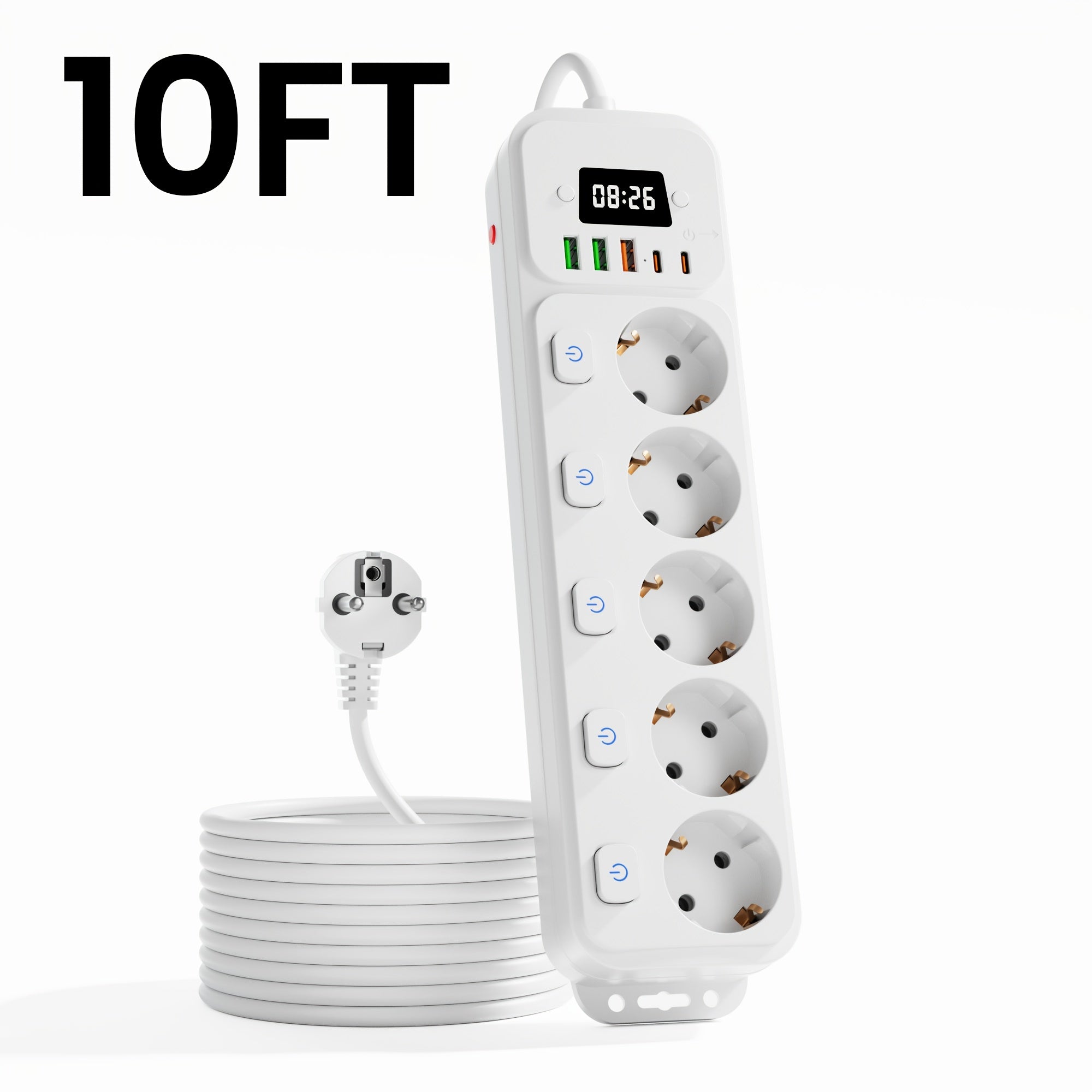 11-in-1 European Power Strip with Switch & Indicator Light, 5 AC Outlets, 3 USB Ports, 2 Type-C Ports, Clock Display, 152.4cm/3.05meter Cable Options, Overload Protection, Compact Design for Home Office, Travel, and Workspace