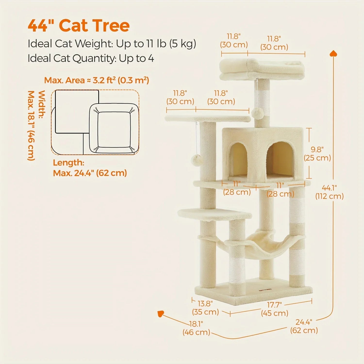 66.1/44.1in Cat Tree, Large Cat Tower with 13 Scratching Posts, 2 Perches, 2 Caves, Hanging Basket & Hammock, Pompoms, Stable Kitty Play House, Multi-Level Plush Cat Condo for Indoor Cat, Easy to Assemble, Perfect Children's