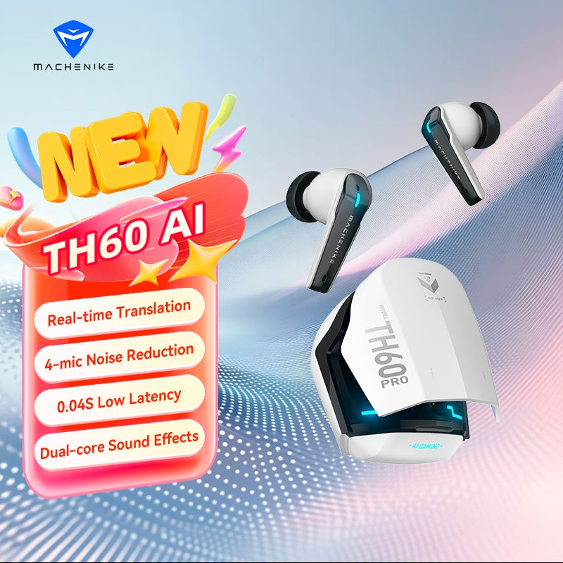 MACHENIKE TH60Pro AI Wireless Earphones TWS Earbuds 0.04s Low Latency Gaming Headset Quad Mic EMC Noise Cancelling Dual Core Sound Real Time Translator In Ear Sports Earbuds White