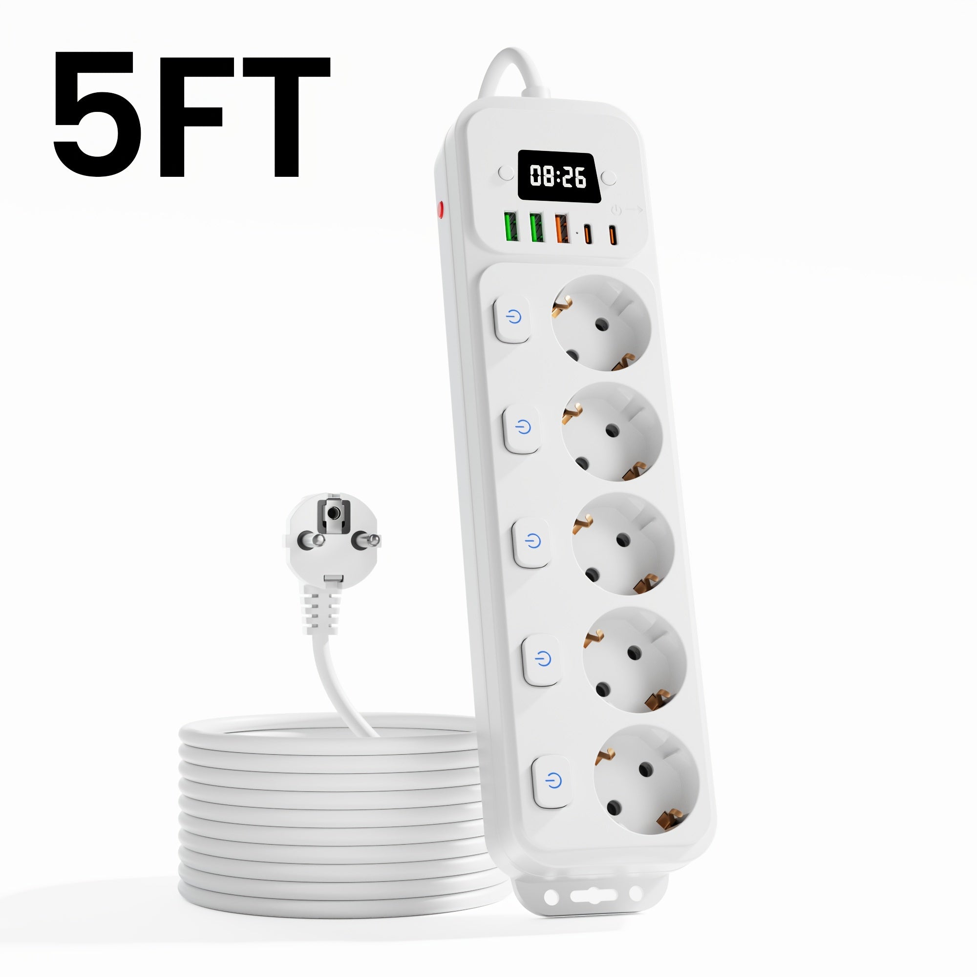 11-in-1 European Power Strip with Switch & Indicator Light, 5 AC Outlets, 3 USB Ports, 2 Type-C Ports, Clock Display, 152.4cm/3.05meter Cable Options, Overload Protection, Compact Design for Home Office, Travel, and Workspace
