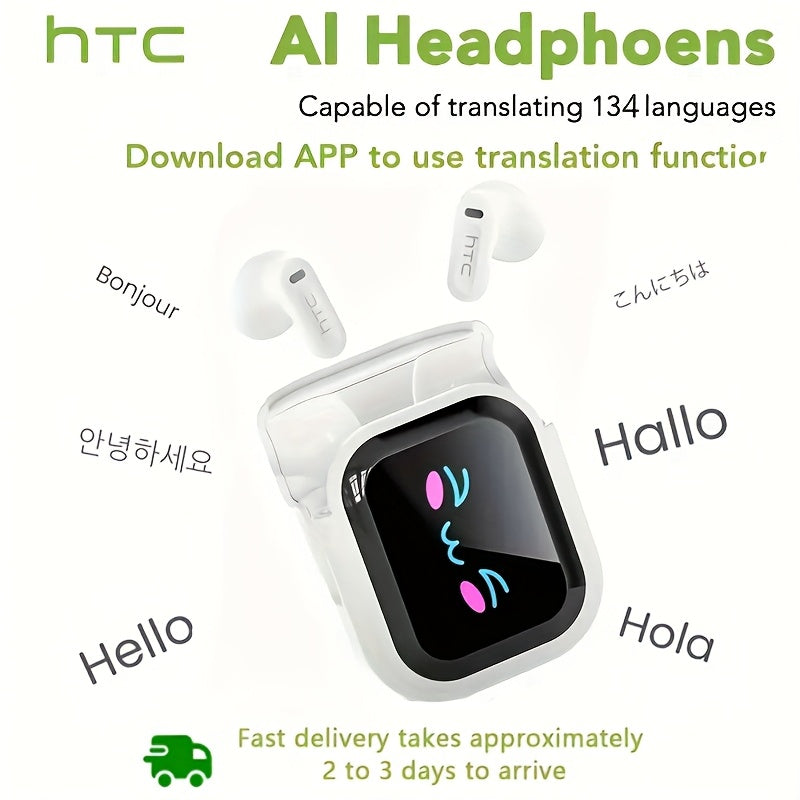 HTC NE20 AI AT WS Wireless Translator Earphones 6.0 Supports 134 Languages Real-time Translation with Screen Earphones Suitable for Sports, Running and Work, HIFI Earphones, Work Headphones, Sports Earbuds, Ergonomic Fit, Lig