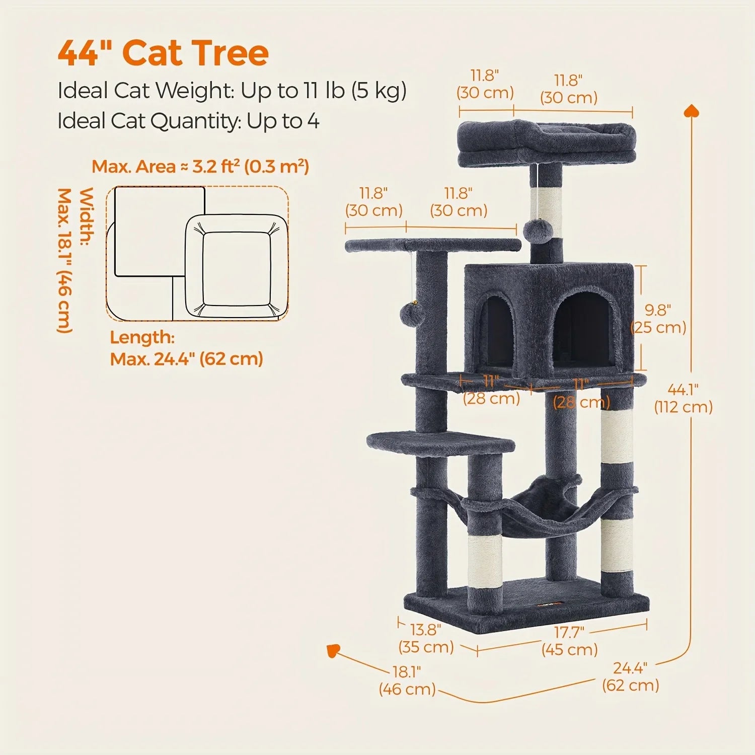 66.1/44.1in Cat Tree, Large Cat Tower with 13 Scratching Posts, 2 Perches, 2 Caves, Hanging Basket & Hammock, Pompoms, Stable Kitty Play House, Multi-Level Plush Cat Condo for Indoor Cat, Easy to Assemble, Perfect Children's
