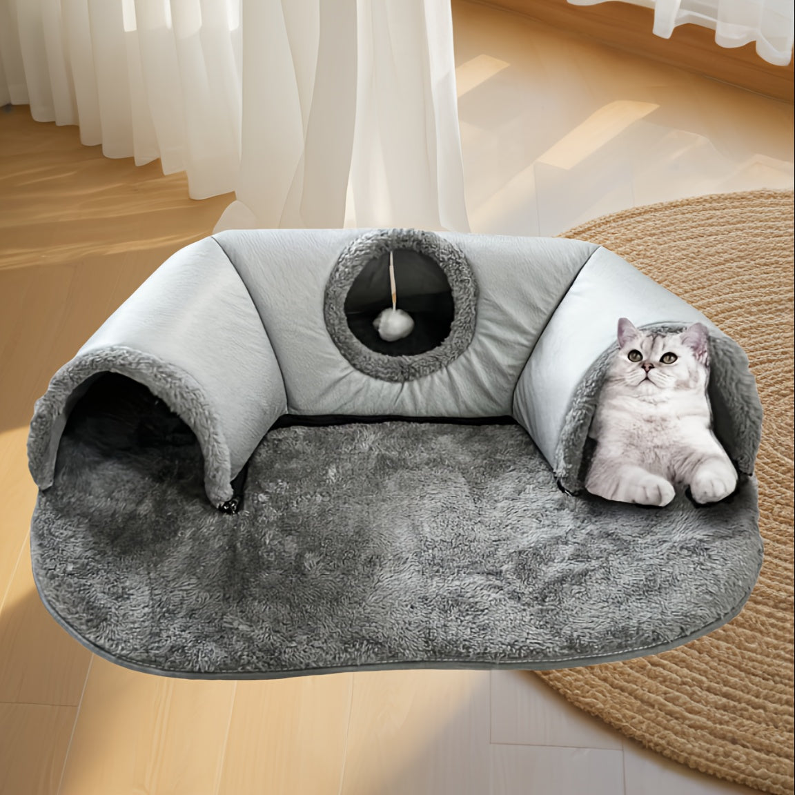 3-in-1 Cozy Cat Tunnel Bed - Play Mat & Warm Nest with Non-Slip Base for Small to Medium Cats, Rabbits & Hamsters