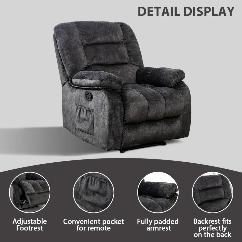 Manual Recliner Chair with Massage & Heating, Oversized Overstuffed Reclining Sofa with Side Pockets, for Living Room & Bedroom, Grey