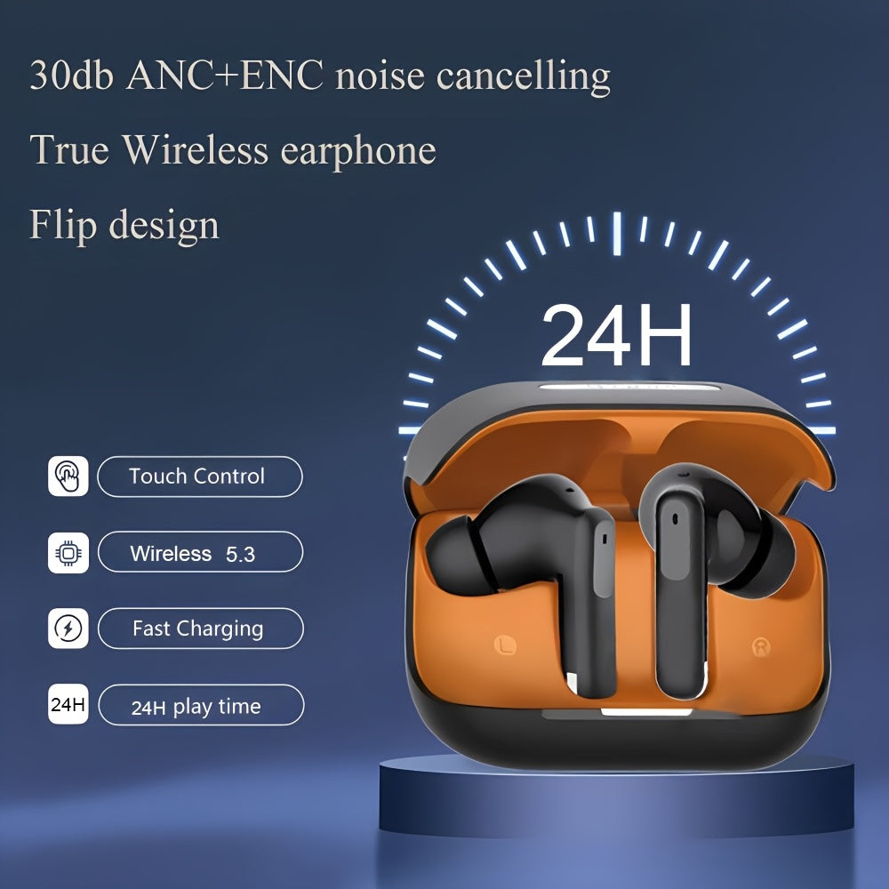 BRAND New TWS Active Noise Cancellation Wireless Sports Earbuds with Long Battery Life, Touch Control, Type-C Charging Case - Sleek Black & Orange Design for Android/Apple Compatibility