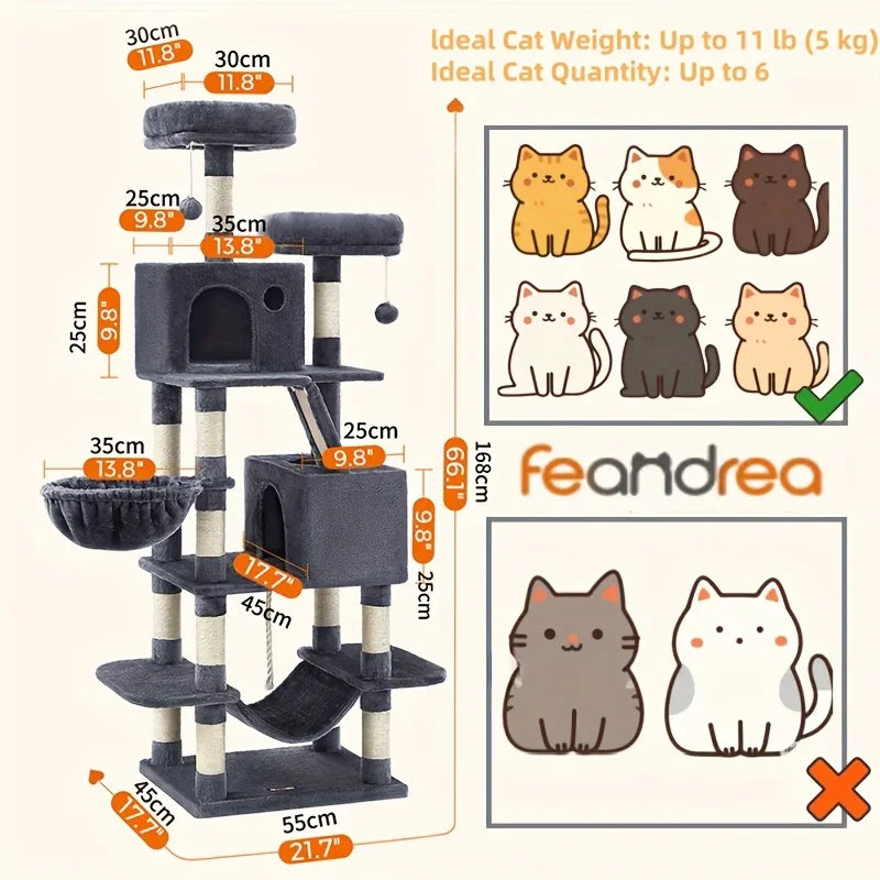 66.1/44.1in Cat Tree, Large Cat Tower with 13 Scratching Posts, 2 Perches, 2 Caves, Hanging Basket & Hammock, Pompoms, Stable Kitty Play House, Multi-Level Plush Cat Condo for Indoor Cat, Easy to Assemble, Perfect Children's