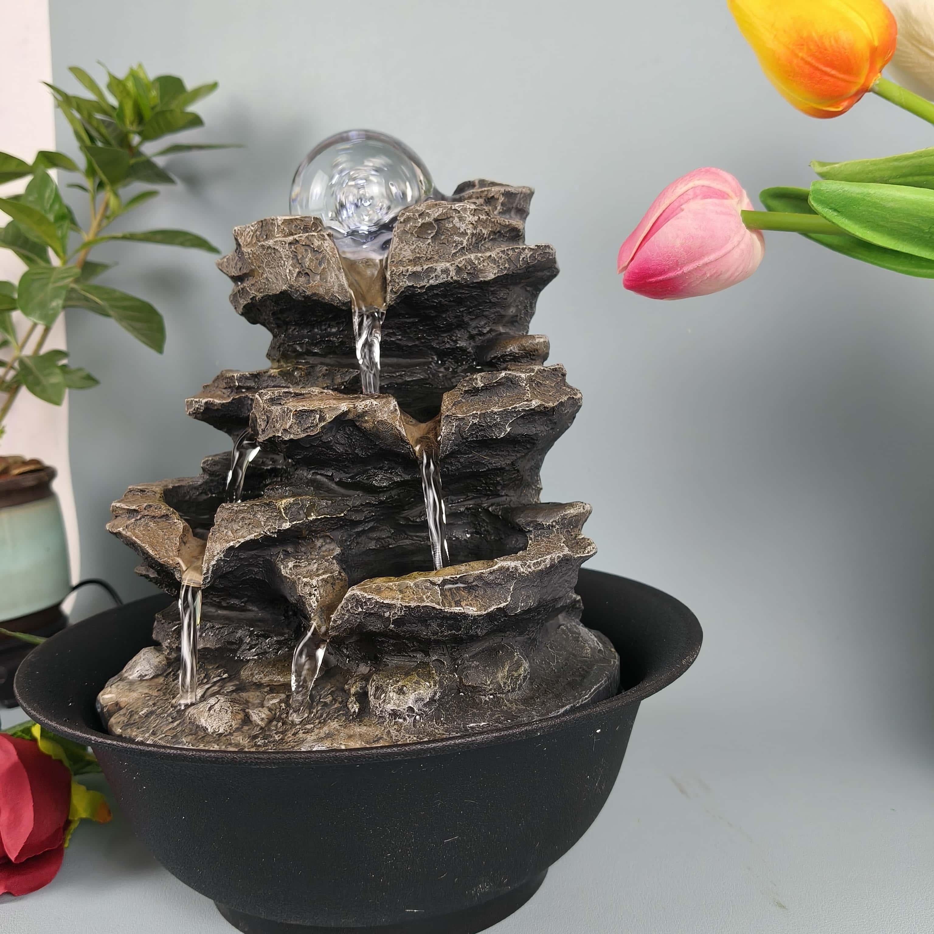 1pc 3-Tier Indoor Desktop Fountain with Natural Waterfall Sound - Elegant Black Resin Modern Water Feature, Low-Voltage (36V) Safe & Easy to Use, Soothing Flowing Water for Home Office Decor, Wedding/Christmas/Halloween Decor