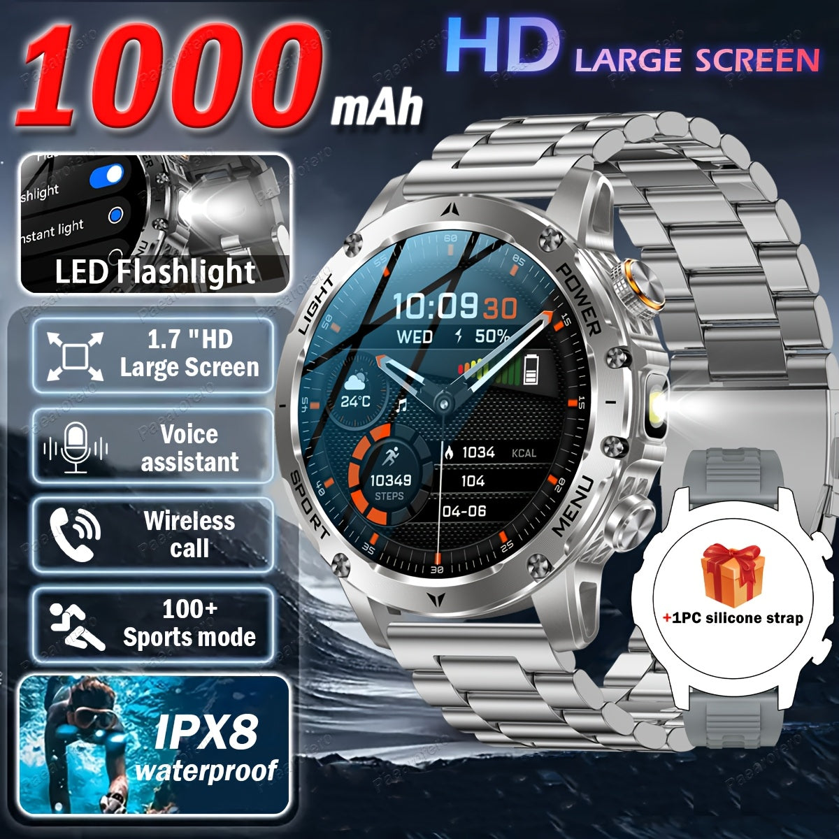 2025 New LED Men'S Smart Watch with Wireless Calling 4.32cm HD Large Screen, 1000mAh Battery, Long Standby Time, Flashlight, Fitness Tracker Watch, 100+ Sports Modes, Voice Assistant, Valentine'S Day, Birthday, Father'S Day G