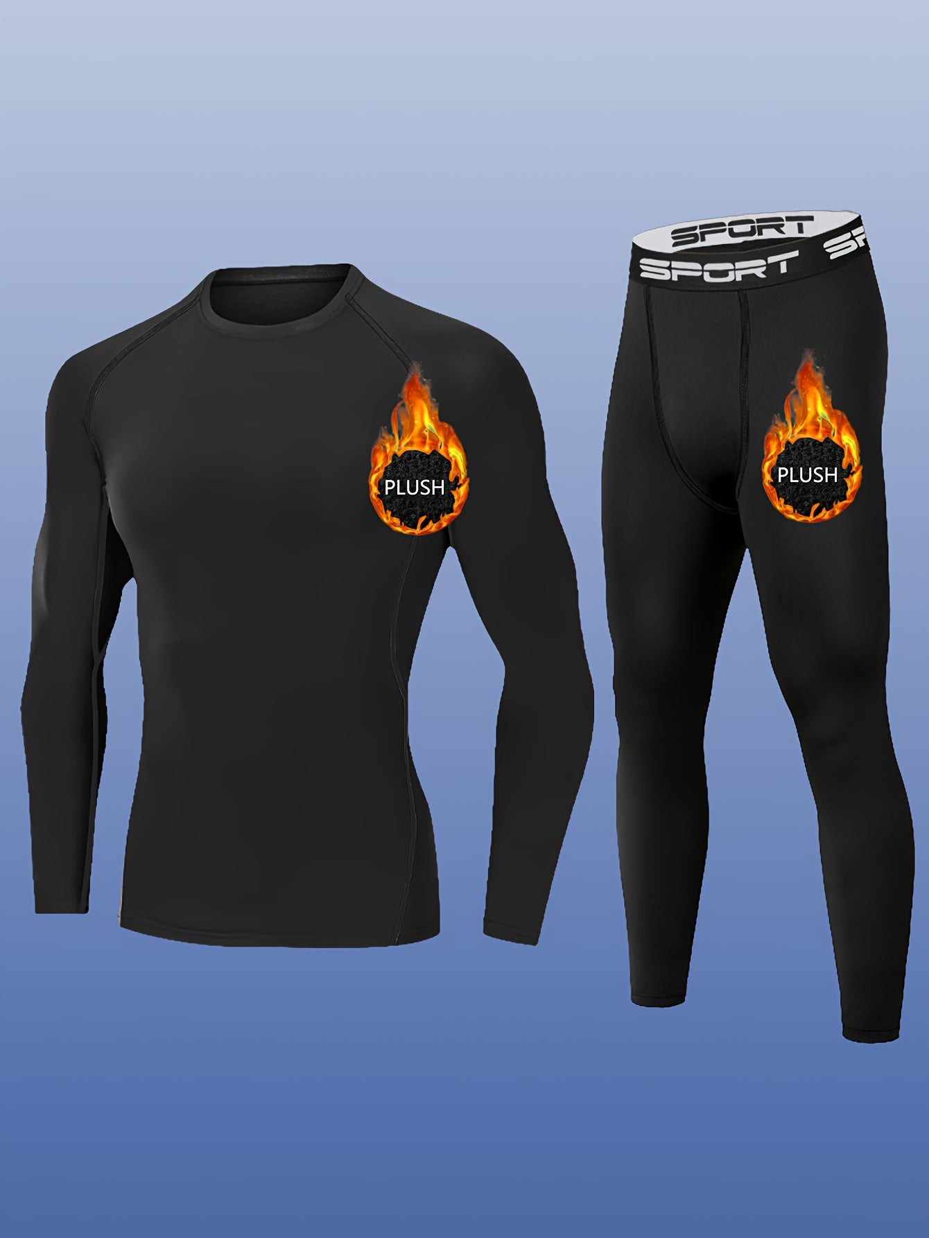 2pcs Men'S Plush Sport Compression Shirt & Leggings Set - Quick-Dry, High-Elasticity, Breathable Athletic Underwear for Running & Outdoor Activities, Black with Pink Accents, Autumn Winter Workout Gear, Workout Clothes, Autum