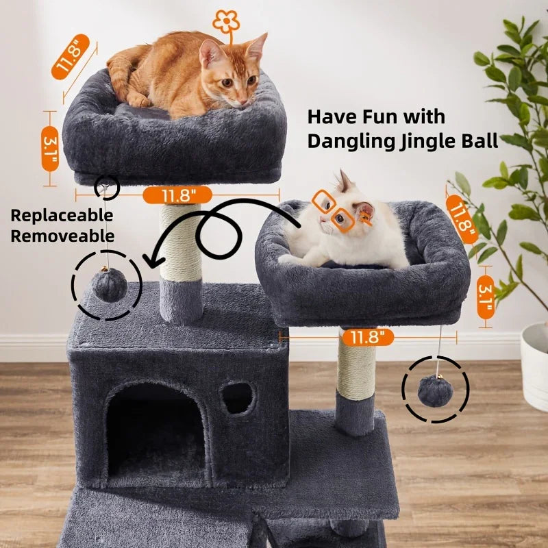 66.1/44.1in Cat Tree, Large Cat Tower with 13 Scratching Posts, 2 Perches, 2 Caves, Hanging Basket & Hammock, Pompoms, Stable Kitty Play House, Multi-Level Plush Cat Condo for Indoor Cat, Easy to Assemble, Perfect Children's