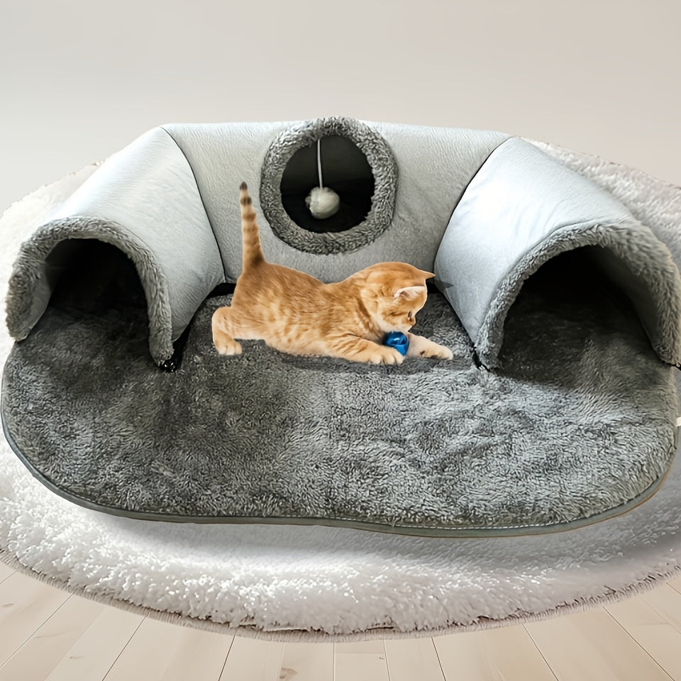 3-in-1 Cozy Cat Tunnel Bed - Play Mat & Warm Nest with Non-Slip Base for Small to Medium Cats, Rabbits & Hamsters