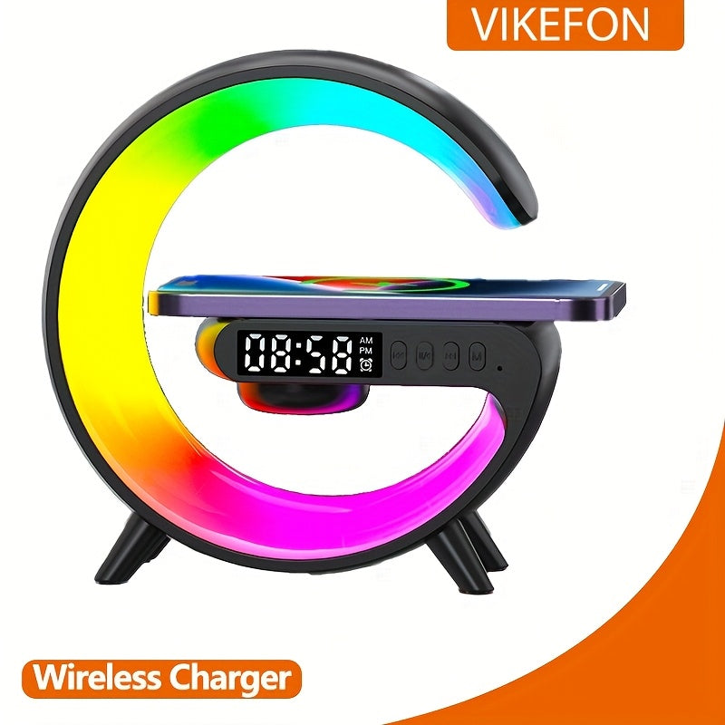 (G Light)Multifunctional Cell Phone Wireless Charging Station Fast Wireless Charger Portable Speaker Hi-FI Sound Quality LED RGB Night Light Alarm Clock for iPhone 16 15 14 13 12 11 Pro for AirPods 4 3 2 for Samsung Galaxy S2