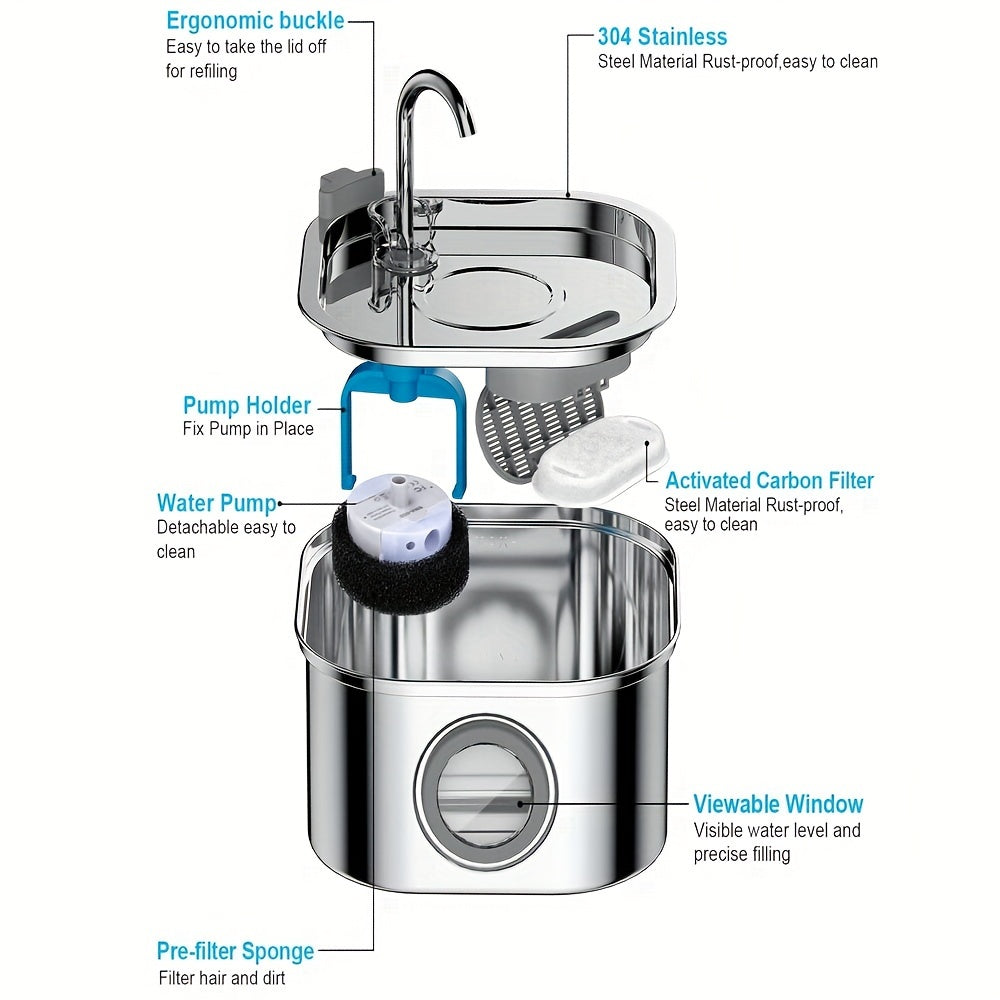 Cat Water Fountain 3.2L Stainless Steel Cat Water Fountain Ultra-Quiet Transparent Window Pet Automatic Filtration Water Fountain Dog Fountain Suitable for  and Medium-sized Dogs and Cats Automatic Water Fountain Adapter Not