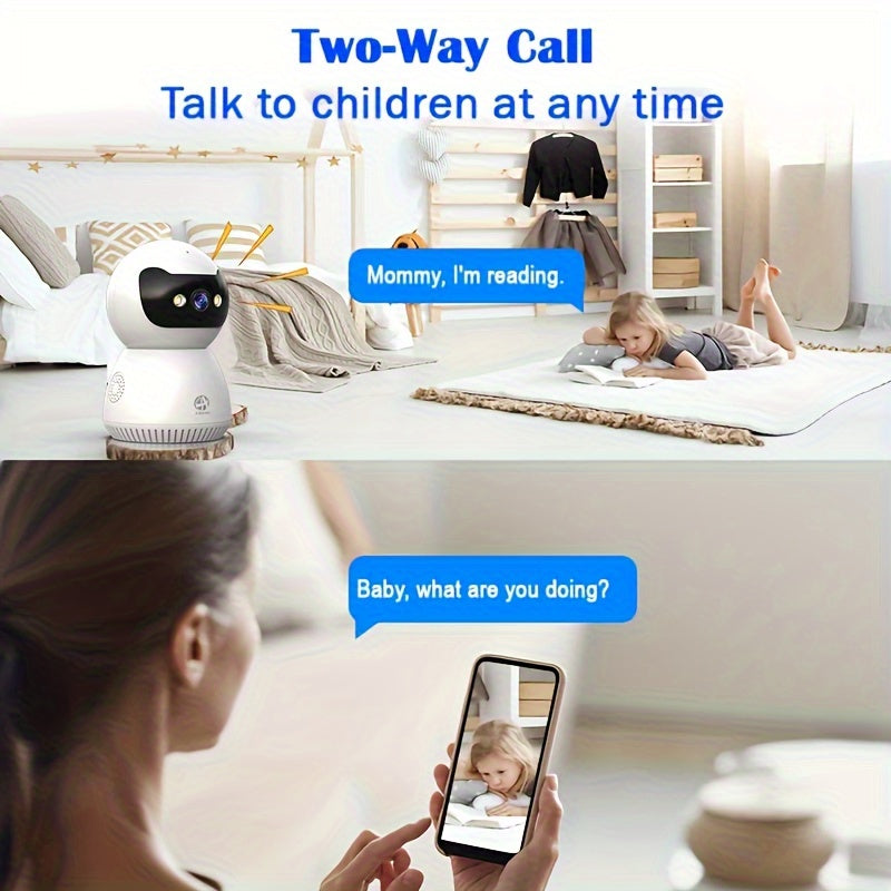 1080p security camera features a 355° rotating PTZ indoor camera, supports dual-band 2.4G and 5G WiFi, can be remotely accessed via an app, has two-way audio, color night vision, motion detection, USB power supply, and is us