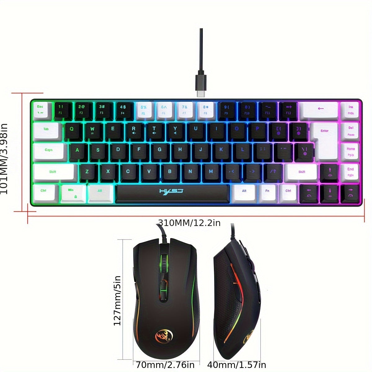 HXSJ Wired Gaming Keyboard and Mouse Set, 68 Keys with RGB Backlight, Optical Mouse, USB Plug and Play, Compatible with PC, No Battery Required