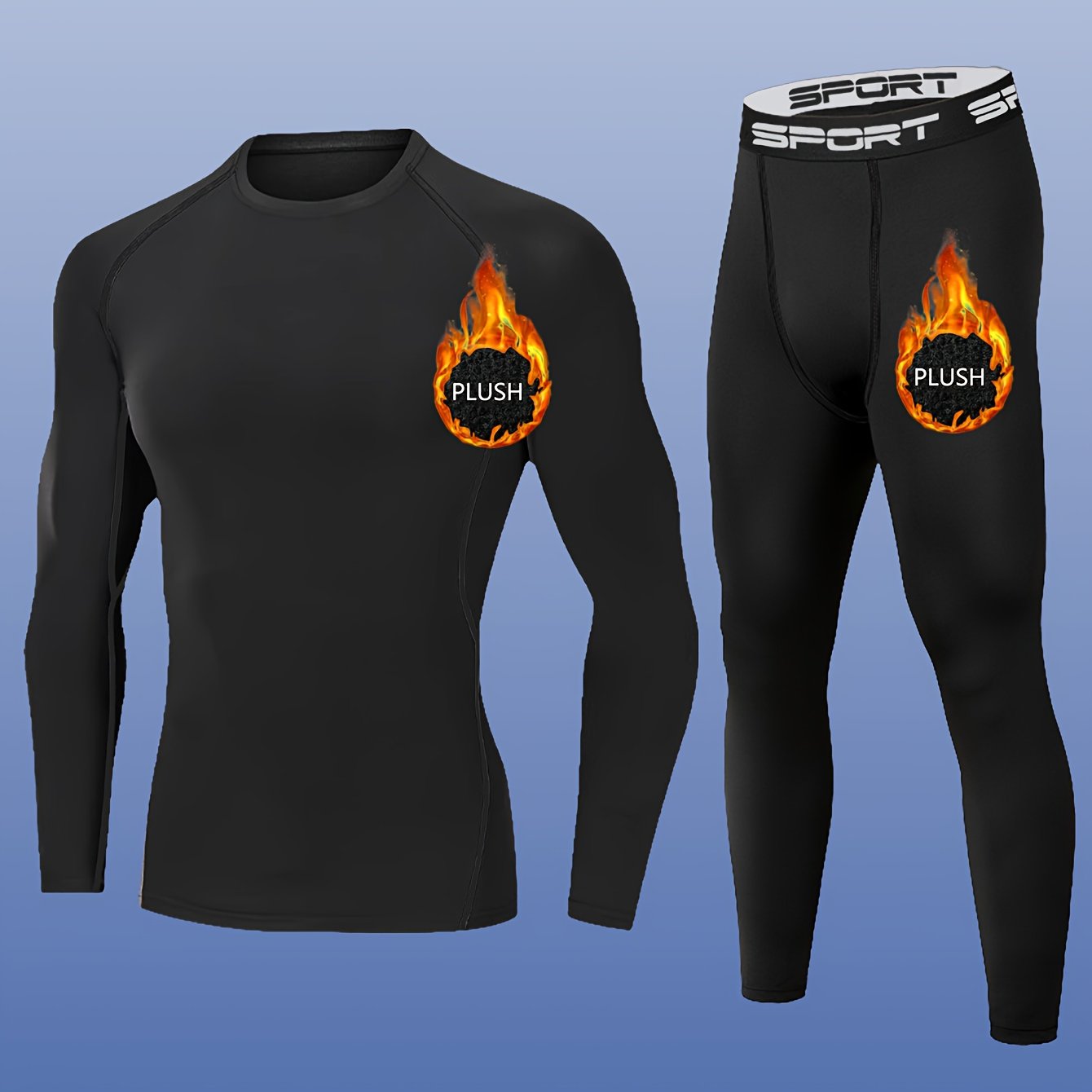 2pcs Men'S Plush Sport Compression Shirt & Leggings Set - Quick-Dry, High-Elasticity, Breathable Athletic Underwear for Running & Outdoor Activities, Black with Pink Accents, Autumn Winter Workout Gear, Workout Clothes, Autum