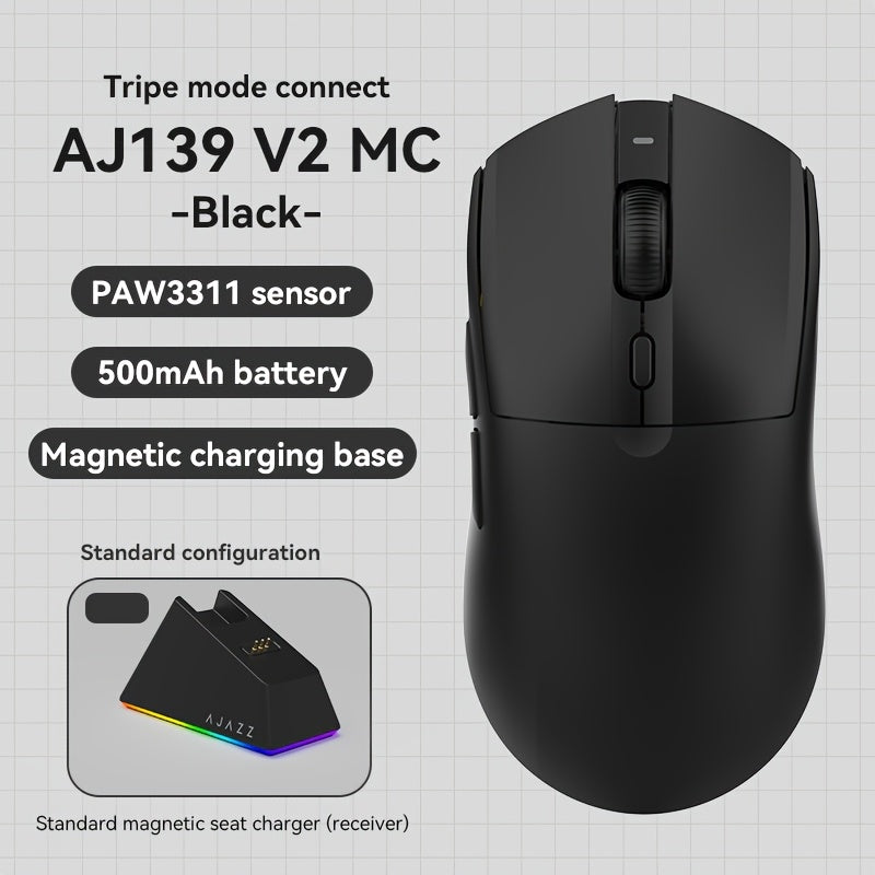 AJAZZ Genuine New AJ139 V2 Tri-Mode Wireless Mouse with Charging Dock, 3311 Chip, 1K Polling Rate, Long Battery Life 500mAh Rechargeable