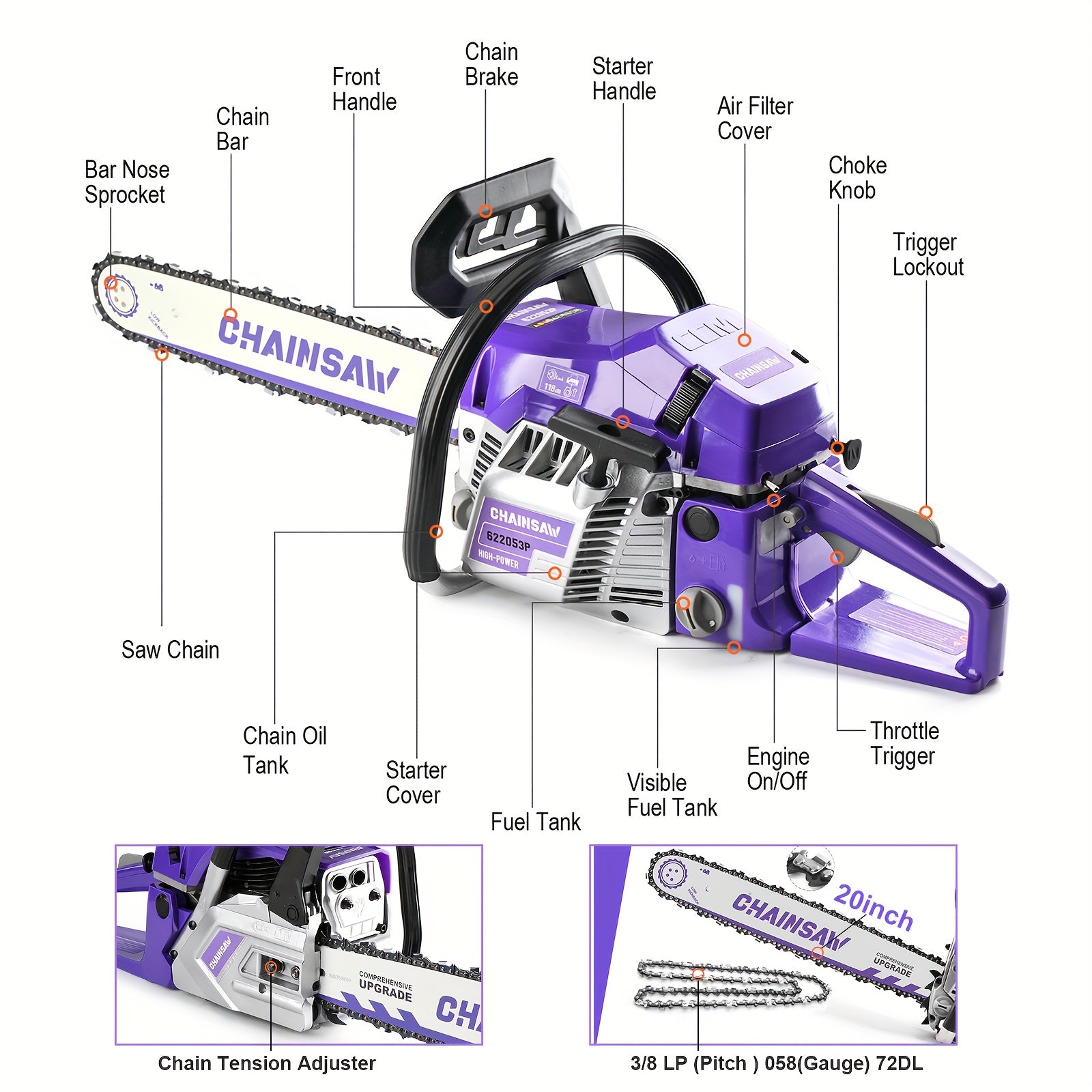 62cc 3.0HP Gas Chainsaw | 20 Inch Heavy-Duty Cordless Petrol Chainsaw For Forestry/Wood Cutting | 2-Cycle Professional Chainsaw For Garden/Farm/Yard |Perfect Gift For Spooky Season & Xmas