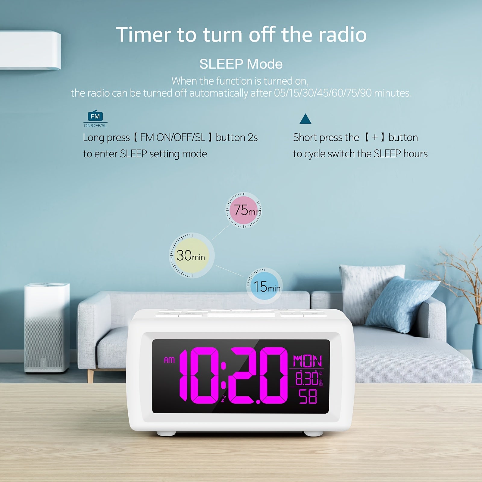 1pc SMOUPING Large Digital Alarm Clock Radio/VA Display, 7-Color Changing Backlight/USB (Battery Backup)/FM Radio/Sleep Timer/Snooze/Dimmer & Loud Alarm/Bedside Clock for s, Seniors