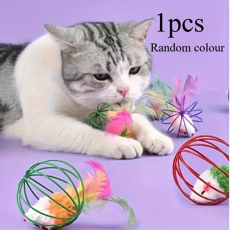 1/2pcs Random Color Artificial Feather Fluffy Cat Toy Metal Cage Mouse, Best Toys for Indoor Cats, Increase Your Interaction with Your Cat, Bring a Healthy Life to Your Cat, Without Battery