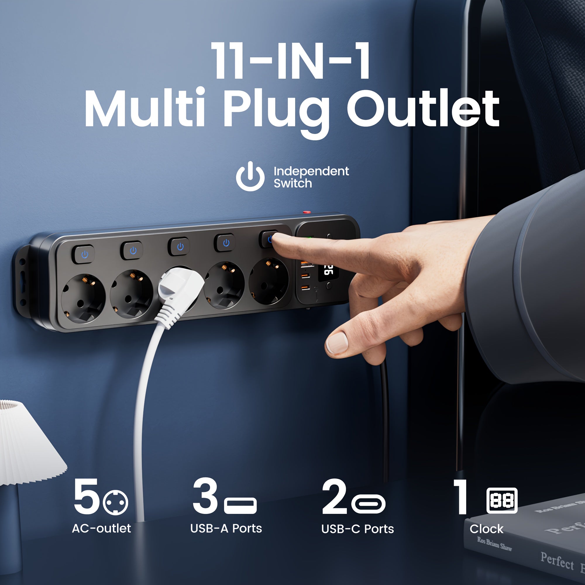 11-in-1 European Power Strip with Switch & Indicator Light, 5 AC Outlets, 3 USB Ports, 2 Type-C Ports, Clock Display, 152.4cm/3.05meter Cable Options, Overload Protection, Compact Design for Home Office, Travel, and Workspace