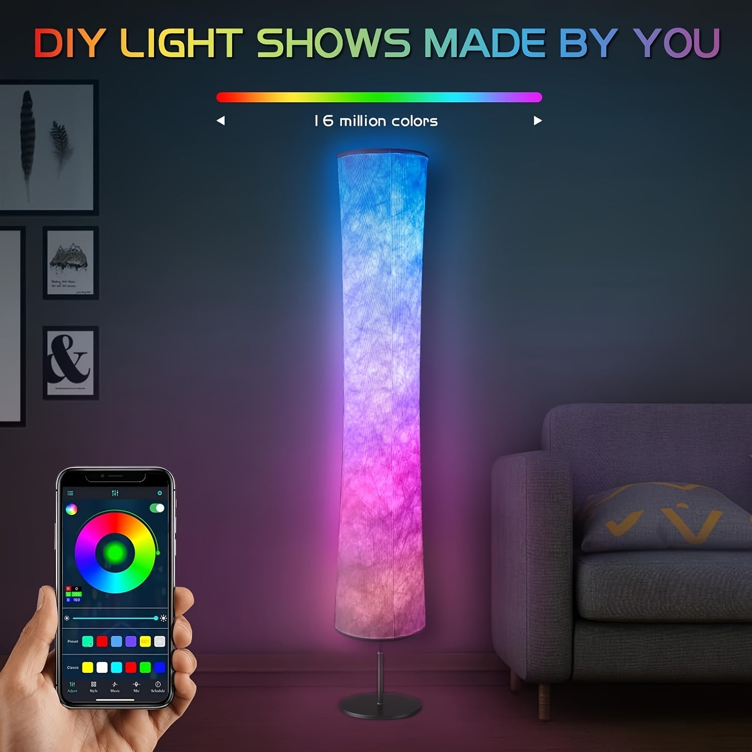 2 Packs Led Smart Floor Lamp, E-sport Room Lamp, With 16 Million Colors And Scene Modes, Music Sync And White Fabric Shade, Smart Floor Lamp, Standing Lamp For Living/Game Room Bedroom, With App/Remote Control