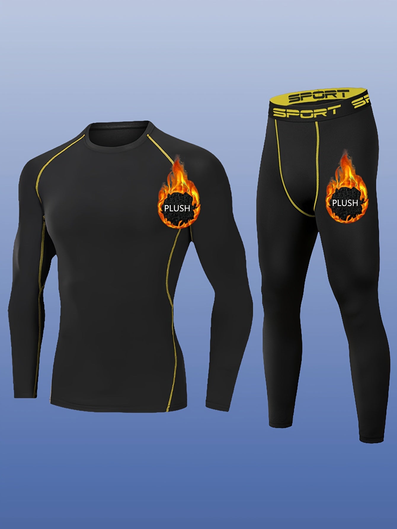 2pcs Men'S Plush Sport Compression Shirt & Leggings Set - Quick-Dry, High-Elasticity, Breathable Athletic Underwear for Running & Outdoor Activities, Black with Pink Accents, Autumn Winter Workout Gear, Workout Clothes, Autum