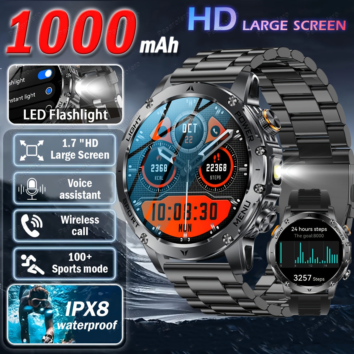 2025 New LED Men'S Smart Watch with Wireless Calling 4.32cm HD Large Screen, 1000mAh Battery, Long Standby Time, Flashlight, Fitness Tracker Watch, 100+ Sports Modes, Voice Assistant, Valentine'S Day, Birthday, Father'S Day G
